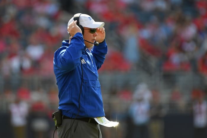 Tulsa head coach Philip Montgomery watches on during the first half of an NCAA college football game against Mississippi in Oxford, Miss., Saturday, Sept. 24, 2022. (AP Photo/Thomas Graning)
